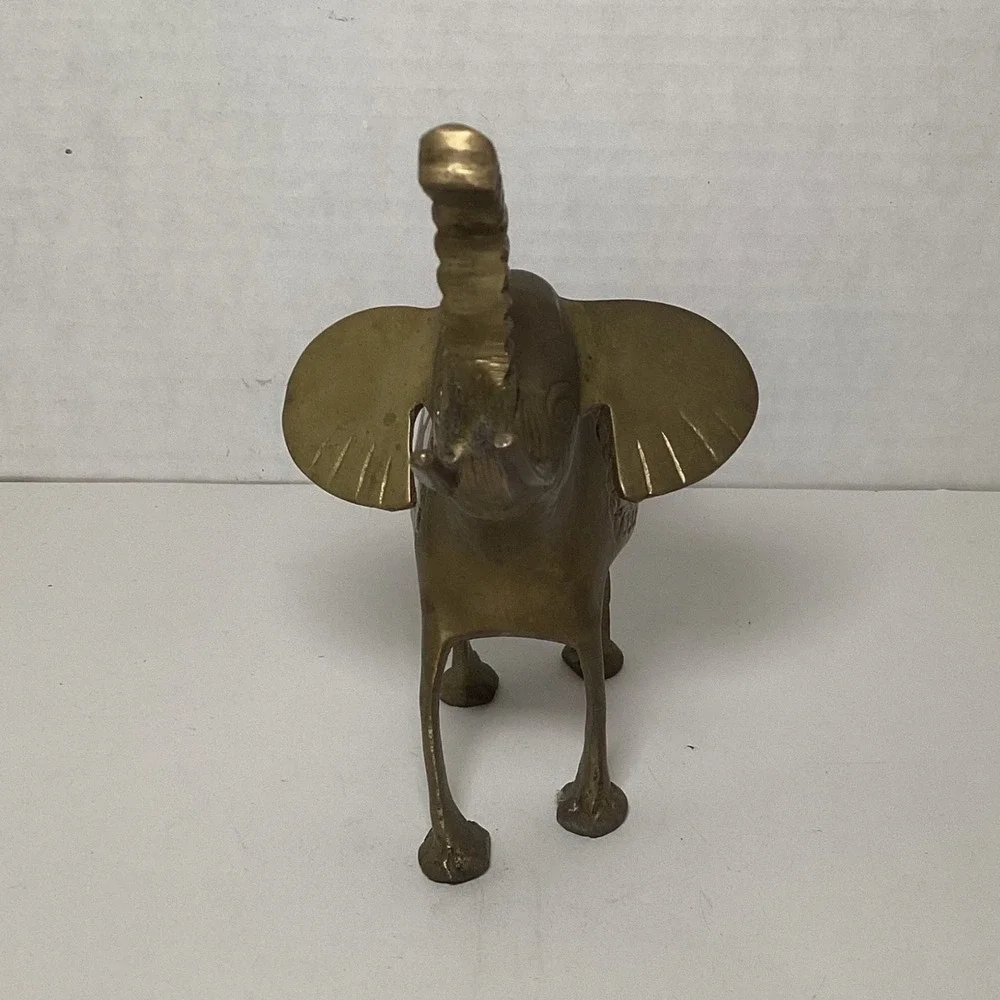 Vintage Brass Elephant Figurine Mother of Pearl Inlay Trunk Up Good Luck Decor